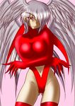 angel_wings bangs breast_hold breasts contrapposto cowboy_shot crossed_arms eyes_visible_through_hair final_fantasy final_fantasy_tactics frown gloves groin hair_over_one_eye head_wings highleg highleg_leotard large_breasts leotard lev_(zax) long_hair looking_at_viewer navel navel_cutout purple_background red_eyes red_legwear silver_hair simple_background solo standing thighhighs turtleneck twintails ultima_(fft) very_long_hair wings 