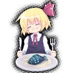  bad_id bad_pixiv_id blonde_hair eating fork hair_ribbon holding holding_fork kaze_no_tani_no_nausicaa knife mikazuki_sara ohmu plate ribbon rumia short_hair smile solo touhou 