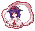  ascot bow capelet closed_mouth hat hat_bow looking_back miyoshi nagae_iku purple_hair red_bow red_eyes short_hair simple_background smile solo touhou white_background 