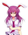  animal_ears bangs bunny_ears closed_mouth collared_shirt frown hair_between_eyes holding_arm long_hair necktie purple_hair red_eyes red_neckwear reisen_udongein_inaba shirt short_sleeves simple_background solo subaru_(yachika) touhou upper_body white_background white_shirt 