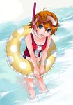  ahoge bikini blue_eyes brown_hair copyright_request goggles innertube mattaku_mousuke short_hair snorkel solo swimsuit tankini water 