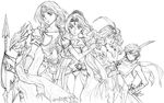  3boys armor artist_request breasts cain_highwind cape cecil_harvey cleavage edward_geraldine elbow_gloves final_fantasy final_fantasy_iv gloves greyscale helmet katana medium_breasts monochrome multiple_boys multiple_girls polearm rosa_farrell rydia small_breasts spear sword weapon 