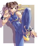  bare_shoulders brown_eyes brown_hair chun-li double_bun katahira_masashi ribbon shoes skin_tight sneakers solo street_fighter unitard 