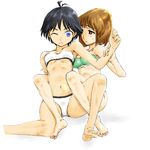  antenna_hair arm_grab barefoot bikini black_hair blue_eyes blush bob_cut brown_eyes brown_hair cif feet hagiwara_yukiho idolmaster idolmaster_(classic) idolmaster_1 kikuchi_makoto legs midriff multiple_girls one_eye_closed short_hair spread_legs swimsuit tears yuri 