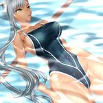  afloat bodai breasts code_geass covered_navel covered_nipples dark_skin frown large_breasts long_hair looking_up one-piece_swimsuit pool sideboob silver_hair single_vertical_stripe skindentation solo swimsuit taut_clothes thick_thighs thighs villetta_nu water wet yellow_eyes 
