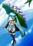  aqua_eyes aqua_hair bad_id bad_pixiv_id boots detached_sleeves flower frog from_above hatsune_miku hydrangea kawazu long_hair looking_up necktie smile solo thigh_boots thighhighs twintails umbrella vocaloid 