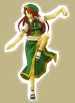  braid chinese_clothes fighting_stance hong_meiling long_hair nail_polish red_eyes red_hair red_nails ririvery simple_background smile solo standing standing_on_one_leg touhou twin_braids 