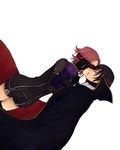  1girl black_blindfold blindfold cape code_geass couple dutch_angle hetero kallen_stadtfeld kiss lelouch_lamperouge order_of_the_black_knights_uniform plum_(arch) short_hair shorts simple_background thighhighs white_background 