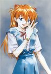  :d absurdres bangs blue_eyes breasts buttons collared_shirt cowboy_shot hair_between_eyes hair_ornament happy highres long_hair looking_at_viewer neck_ribbon neon_genesis_evangelion official_art open_mouth orange_hair pleated_skirt ribbon sadamoto_yoshiyuki scan school_uniform shirt short_sleeves signature simple_background skinny skirt small_breasts smile solo souryuu_asuka_langley suspender_skirt suspenders two_side_up v watch wristwatch 
