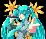  aqua_hair flower foreshortening hands hatsune_miku long_hair microphone pointing solo twintails unasaka_ryou vocaloid 