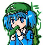  blue_eyes blue_hair cucumber c~take eating hair_bobbles hair_ornament hat kawashiro_nitori lowres solo touhou twintails two_side_up 