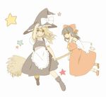  bad_id bad_pixiv_id blonde_hair bow braid broom broom_riding detached_sleeves frills hair_bow hakurei_reimu hand_on_headwear hat kirisame_marisa multiple_girls noise_(hakusen) simple_background star touhou witch witch_hat 