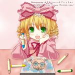  1girl :d blonde_hair bow crayon dress hair_bow hina_ichigo looking_at_viewer open_mouth painting_(object) pink_bow pink_dress rozen_maiden short_hair smile solo table tareme upper_body 