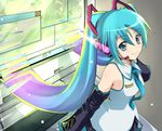  aqua_eyes aqua_hair detached_sleeves gradient_hair hair_ribbon hatsune_miku headset long_hair microphone monitor multicolored_hair necktie purple_hair ribbon skirt smile solo standing through_screen twintails very_long_hair vocaloid warabino_matsuri zoom_layer 