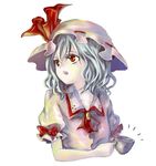  :o bangs blue_hair bow brooch cravat cup hair_between_eyes hat hat_ribbon holding holding_cup jewelry looking_away mob_cap pink_hat red_bow red_eyes red_ribbon remilia_scarlet ribbon shippori short_hair short_sleeves simple_background solo teacup touhou white_background 