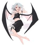  alternate_costume armpits bad_id bad_pixiv_id barefoot bat_wings black_bloomers bloomers blue_hair bowed_wings camisole demon_wings feet flat_chest frills full_body gothic large_wings looking_at_viewer lying midriff nail_polish navel no_hat no_headwear red_eyes red_nails remilia_scarlet shizumi_satou short_hair simple_background smile solo touhou underwear white_background wings wrist_cuffs 