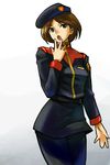  beret brown_hair emma_sheen green_eyes gundam hat michael military military_uniform short_hair solo standing uniform zeta_gundam 