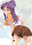  ass back breasts glasses large_breasts looking_back macross macross_frontier matsuura_nanase mizuki_makoto purple_hair red_eyes school_uniform solo thighhighs 