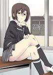  brown_hair crossed_legs glasses kneehighs kure-nai kurosho murakami_ginko pale_skin red_eyes school_uniform short_hair sitting skirt socks solo table thighs window 