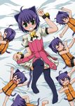  ahoge bed_sheet black_legwear chibi closed_eyes dakimakura fetal_position from_above full_body green_eyes kyouran_kazoku_nikki looking_at_viewer lying midarezaki_kyouka multiple_girls multiple_persona multiple_views norio_minami on_back purple_hair short_hair sleeping thighhighs 