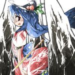  bad_id bad_pixiv_id blue_hair food fruit hat hinanawi_tenshi long_hair peach ph. red_eyes solo touhou 