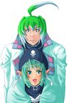  1girl :d ahoge aqua_eyes aqua_hair artist_request blush closed_mouth demonbane doctor_west elsa_(demonbane) frown hat height_difference long_sleeves looking_at_viewer open_mouth pointy_ears short_hair smile tate_eboshi tunic 