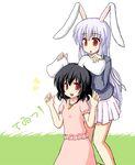  animal_ears black_hair blazer bunny_ears carrot_necklace character_name inaba_tewi jacket jewelry long_hair multiple_girls pendant purple_hair red_eyes reisen_udongein_inaba shinjou_ryou skirt touching_ears touhou 