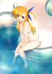  :d barefoot bikini blonde_hair breasts cleavage hair_ribbon hands_on_thighs heterochromia knees_together_feet_apart long_hair looking_at_viewer lyrical_nanoha mahou_shoujo_lyrical_nanoha_strikers mikazuki_akira! navel older open_mouth pigeon-toed pool poolside ribbon sitting small_breasts smile soaking_feet solo swimsuit two_side_up v_arms vivio water white_bikini 