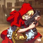  alvin_lee apron bangs basket blonde_hair blue_eyes bow bulleta cloak dress evil_grin evil_smile fang fence fighting_stance frilled_apron frills grin gun hair_between_eyes holding hood looking_at_viewer outdoors red_dress short_hair smile solo squatting submachine_gun udon_entertainment vampire_(game) weapon wooden_fence 