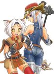  2girls animal_ears ass axe blue_eyes cat_ears cat_tail ebifly elf elvaan final_fantasy final_fantasy_xi hat headband mithra multiple_boys multiple_girls pointy_ears red_mage tail thighhighs weapon wedgie white_hair yellow_eyes zettai_ryouiki 