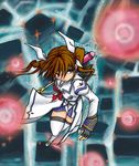  brown_hair building cityscape dress eigai_kyousuke fingerless_gloves from_above full_body gem gloves holding holding_weapon looking_at_viewer looking_up lyrical_nanoha magical_girl mahou_shoujo_lyrical_nanoha_strikers miniskirt outdoors polearm puffy_sleeves raising_heart rod serious shoes short_hair skirt solo staff takamachi_nanoha thighhighs twintails waist_cape weapon white_dress white_legwear winged_shoes wings zettai_ryouiki 