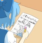  1girl blue_hair bow child_drawing cirno closed_mouth english from_above hair_bow holding kouotsu meme moriya_suwako paper parody pencil reverse_translation solo touhou wooden_pencil writing 