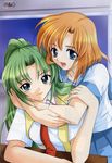  artist_request blue_eyes green_eyes green_hair highres higurashi_no_naku_koro_ni hug multiple_girls orange_hair ponytail ryuuguu_rena sonozaki_mion 
