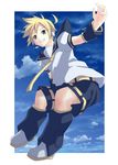  :d belt black_shorts blonde_hair blue_sky boots brown_eyes cloud day eyebrows_visible_through_hair full_body grin headphones headset kagamine_len knee_boots male_focus nagareboshi neckerchief open_mouth outstretched_arm puffy_short_sleeves puffy_sleeves sailor_collar shirt short_sleeves shorts sky smile solo teeth v-shaped_eyebrows vocaloid white_shirt 