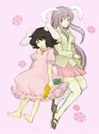  :p alternate_color animal_ears barefoot black_hair brown_eyes bunny_ears bunny_tail carrot dress floral_background inaba_tewi multiple_girls one_eye_closed pink_dress purple_hair red_eyes reisen_udongein_inaba ririvery shoes simple_background sketch smile tail thighhighs tongue tongue_out touhou uwabaki white_legwear 