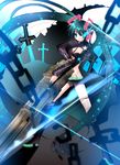  bad_id bad_pixiv_id black_rock_shooter black_rock_shooter_(character) black_rock_shooter_(character)_(cosplay) blue_eyes chain cosplay cross gatling_gun gradient_hair green_hair gun hatsune_miku latin_cross midriff multicolored_hair sakayaki_(burning_soul) solo star twintails vocaloid weapon 