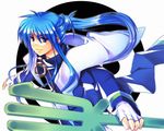  blue_eyes blue_hair houshin_engi long_hair male_focus polearm satomi_yoshitaka solo trident weapon youzen 