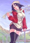  black_hair blush breasts copyright_request hat jacket large_breasts myp2 scarf short_hair shorts solo thighhighs 