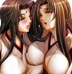  breast_press breasts brown_hair copyright_request crown hat huge_breasts japanese_clothes kawaraya_a-ta lips miko multiple_girls symmetrical_docking yuri 