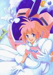  80s :d bell blue_eyes blush cloud day flat_chest flying gloves hands heart hirokazu mecha oldschool open_mouth outdoors pastel_(twinbee) pink_hair short_hair sitting sky smile solo traditional_media twinbee water 
