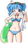  bikini hair_bobbles hair_ornament innertube kawashiro_nitori manji_taba one_eye_closed solo swimsuit touhou twintails 