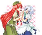  apron beret blue_dress blue_eyes blush dress from_side green_dress hat hong_meiling izayoi_sakuya maid maid_headdress miya_(tsumazukanai) multiple_girls profile puffy_short_sleeves puffy_sleeves red_hair scared short_sleeves silver_hair star touhou waist_apron 