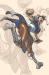  arnold_tsang ass boots bracelet bun_cover china_dress chinese_clothes chun-li double_bun dress highres jewelry open_mouth pantyhose pelvic_curtain sash solo spiked_bracelet spikes street_fighter udon_entertainment zoom_layer 