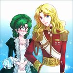  blonde_hair blue_eyes cosplay crossdressing epaulettes final_fantasy final_fantasy_iv green_eyes green_hair multiple_girls reverse_trap rosa_farrell rydia soranokaze15 