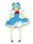  bloomers blue_eyes blue_hair bobby_socks bow bowtie cirno full_body mary_janes open_mouth ririvery shoes short_hair simple_background skirt skirt_lift smile socks solo standing touhou underwear white_bloomers wings 