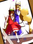  animal_ears bad_id bad_pixiv_id blonde_hair brown_eyes cat_ears cat_tail chen earrings fox_tail hat jewelry long_sleeves multiple_girls multiple_tails photo_(object) pillow_hat shoes short_hair tail tassel touhou wide_sleeves yakumo_ran yu_(akq) 