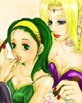  applying_makeup artist_request blonde_hair blue_eyes breasts cleavage final_fantasy final_fantasy_iv green_eyes green_hair hairband lipstick lipstick_tube lowres makeup makeup_brush medium_breasts multiple_girls nail_polish rosa_farrell rydia 