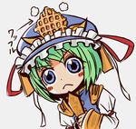  :&lt; blue_eyes chibi emu_(toran) face food green_hair lowres rod_of_remorse shiki_eiki short_hair solo touhou translated waffle 