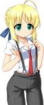  artoria_pendragon_(all) blonde_hair fate/stay_night fate_(series) green_eyes manji_taba midriff necktie saber solo suspenders 