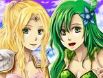  bad_id bad_pixiv_id blonde_hair breasts cloud crown final_fantasy final_fantasy_iv flower green_eyes green_hair hair_flower hair_ornament hat hda large_breasts lowres multiple_girls rosa_farrell rydia sky 